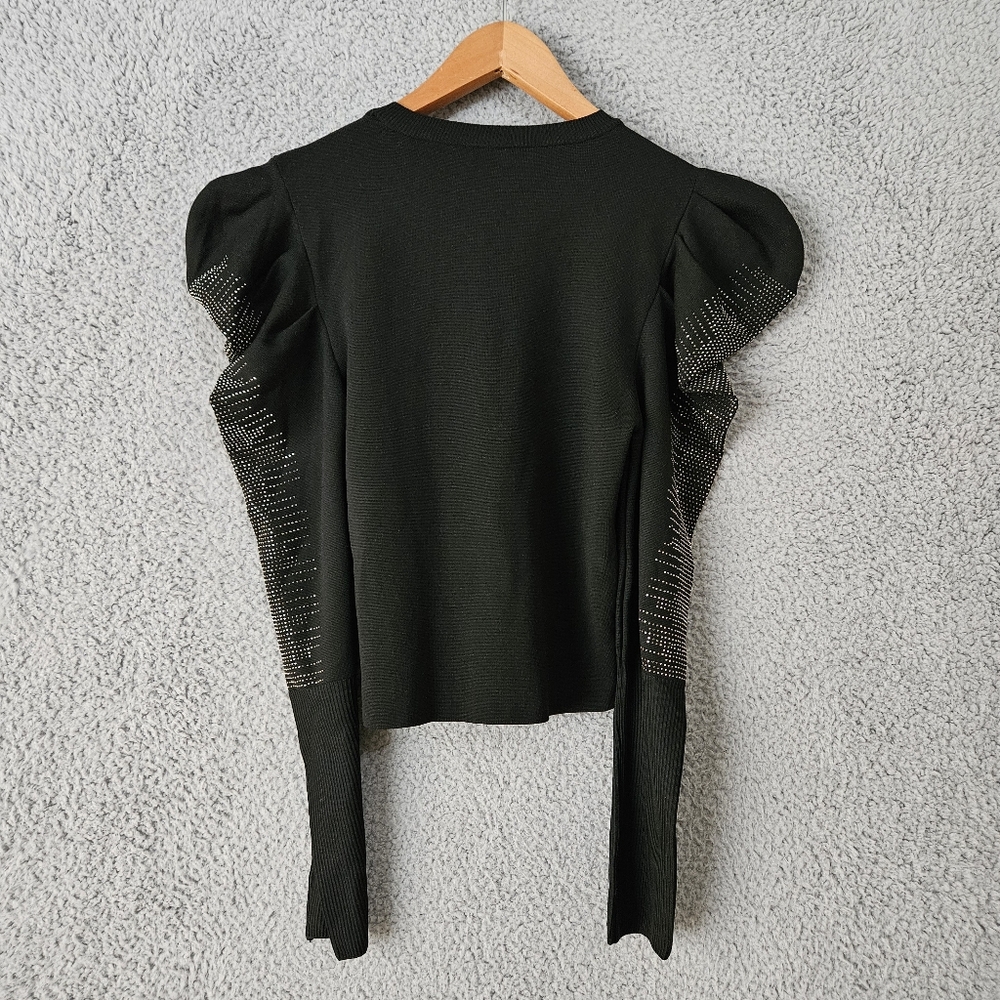 Zara Women's Black Sweater Medium Long Puff Sleeve Embellished Sparkly Knit Top - Picture 5 of 14
